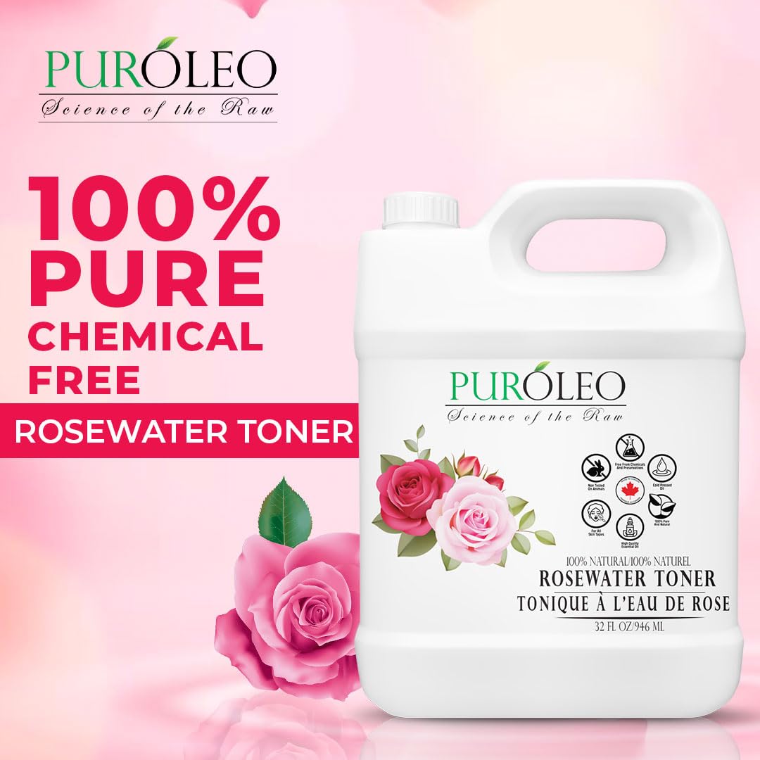 PURÓLEO Rose Water with rose petals highlighting natural fragrance.
