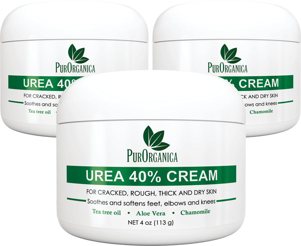 PurOrganica Urea 40% Foot Cream bottle in a 3-pack for smoother heels.