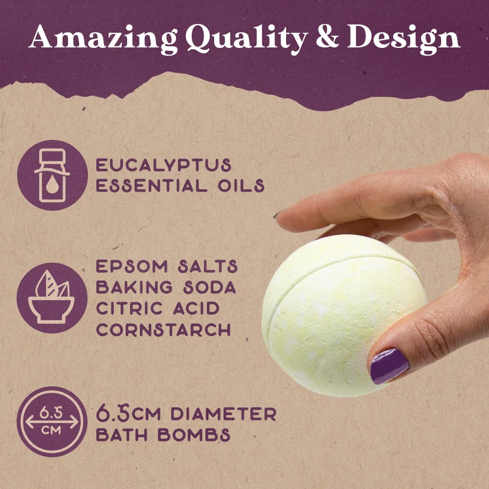 Purple Canyon eucalyptus bath bombs in tub releasing a refreshing spa-like aroma.