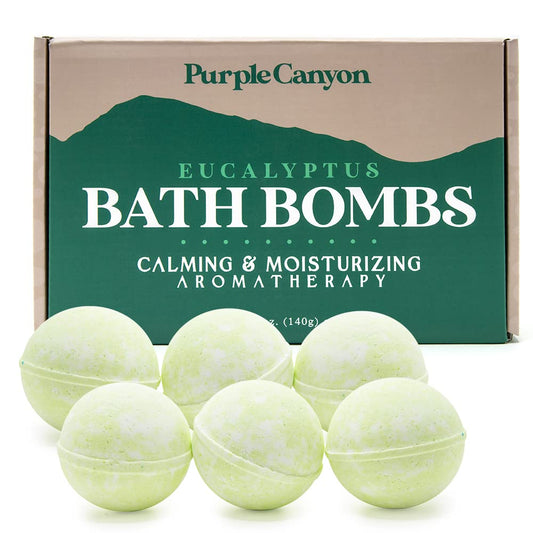 Purple Canyon eucalyptus bath bombs set of six, ideal for gifting and relaxing baths.