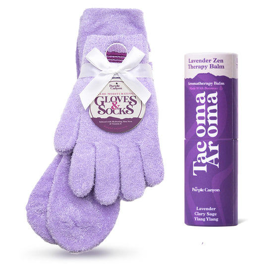 Purple Canyon fuzzy socks and gloves with aloe vera hydrate feet and hands.