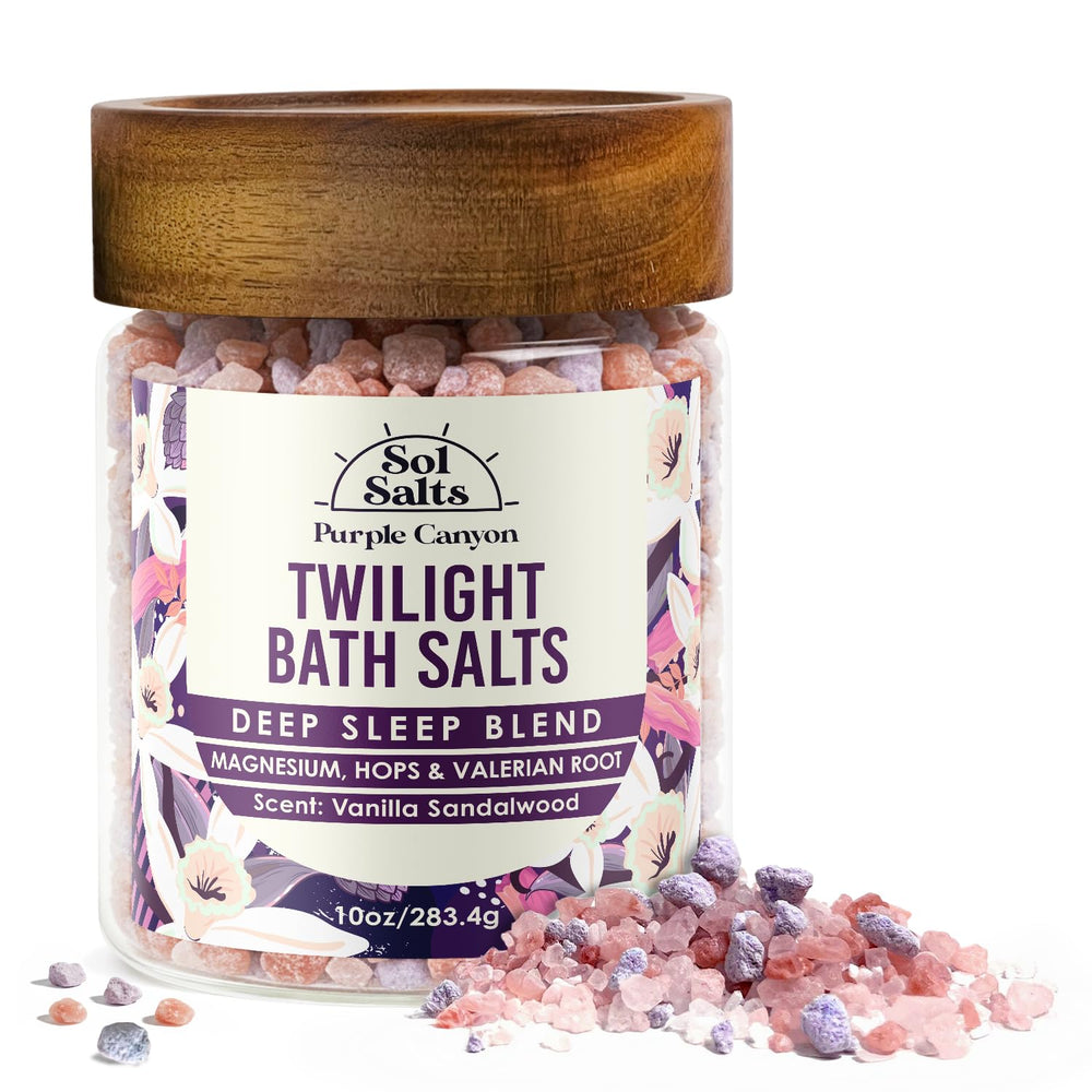 Purple Canyon SolSalts Twilight jar showcases deep sleep bath salts for a calming soak