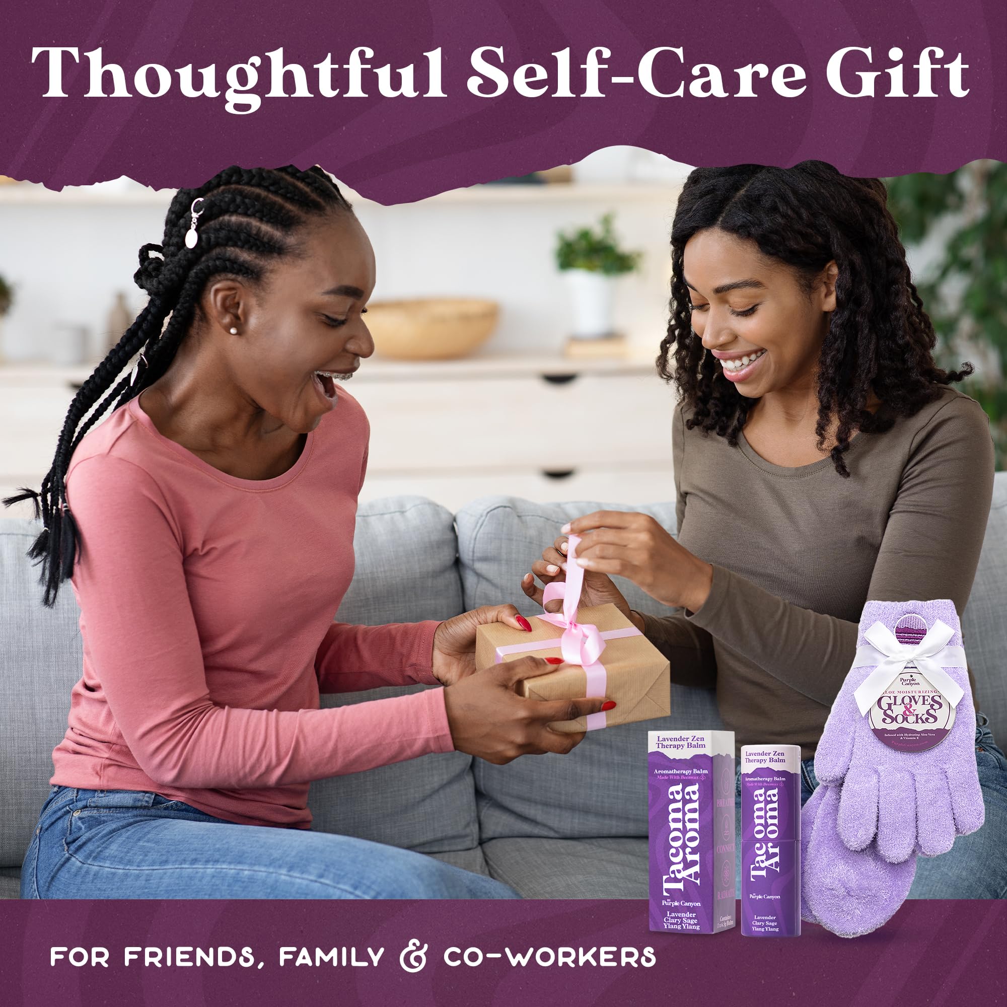 Purple Canyon at-home spa moment with cozy socks and gloves ready for pampering.
