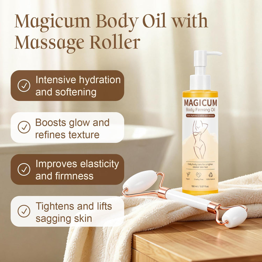 QAH Magic Body Firming Oil bottle after shower with included massage roller