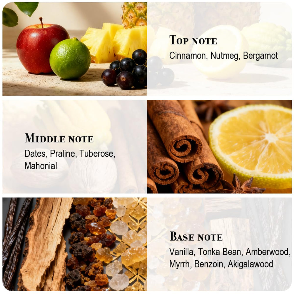 QAWAFI Sunrise base note feature with amberwood and vanilla for lasting ambiance.