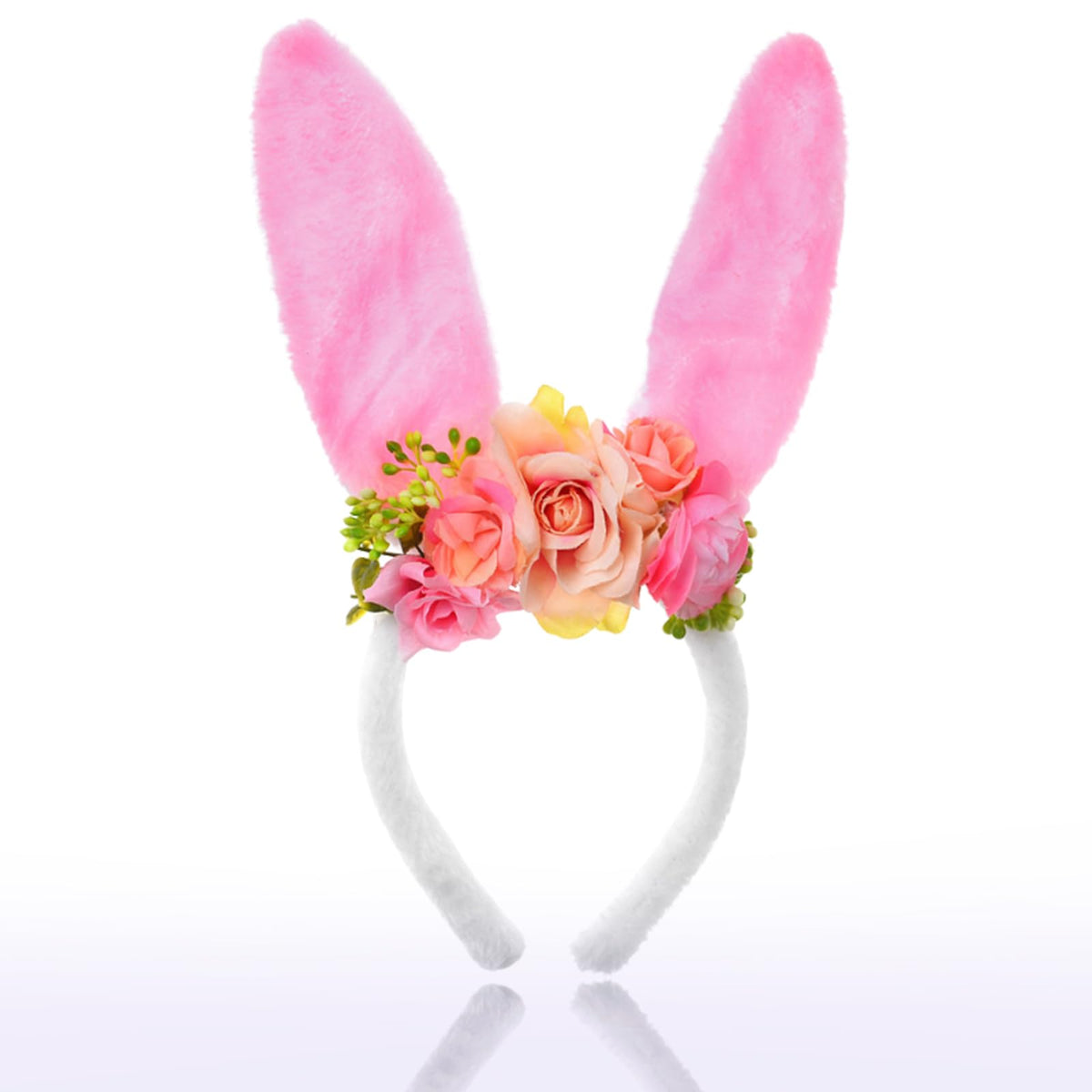 QDTK Easter Bunny Ears Headband with front view and flower crown, a charming Easter accessory.