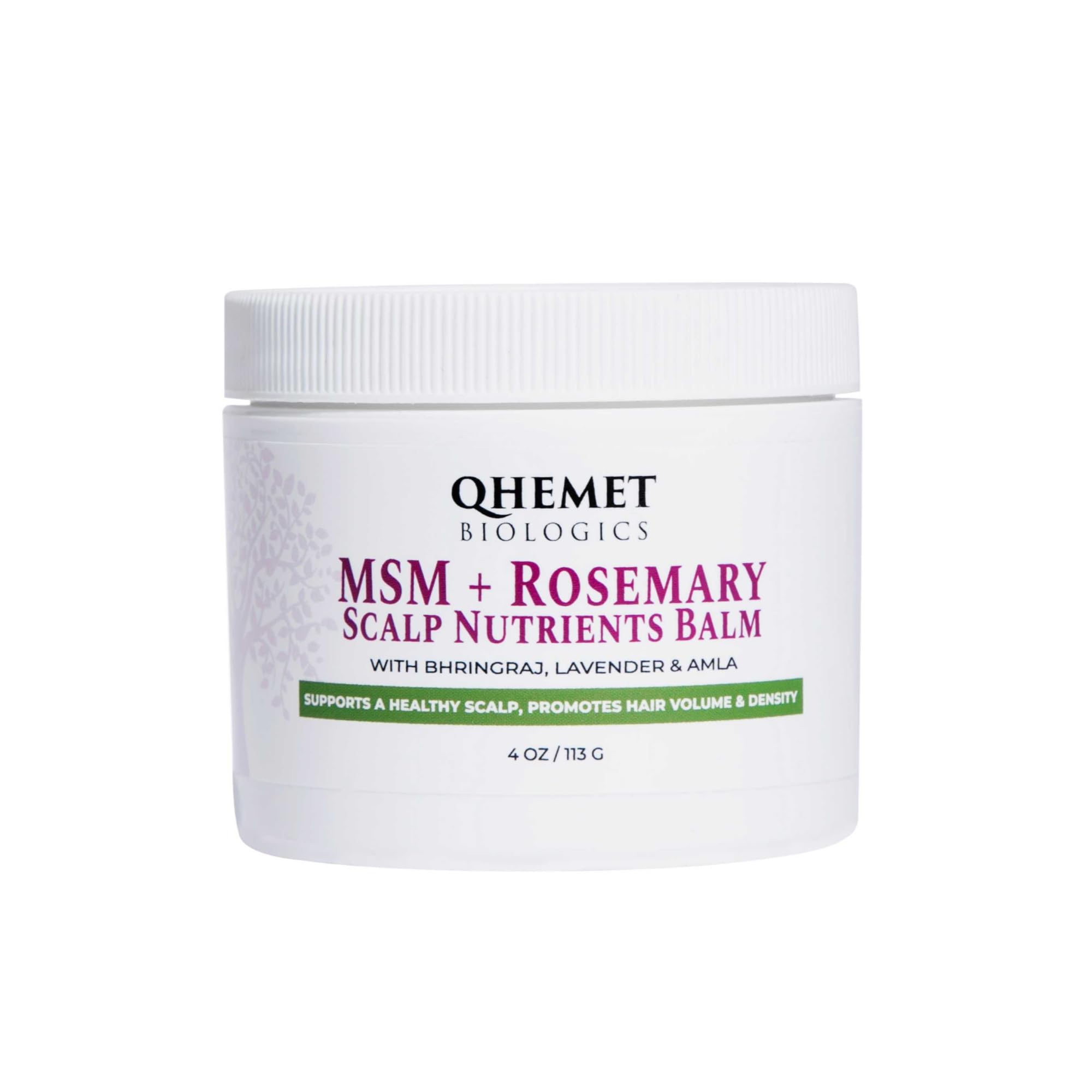 Qhemet Biologics MSM + Rosemary Scalp Balm jar for scalp nourishment.