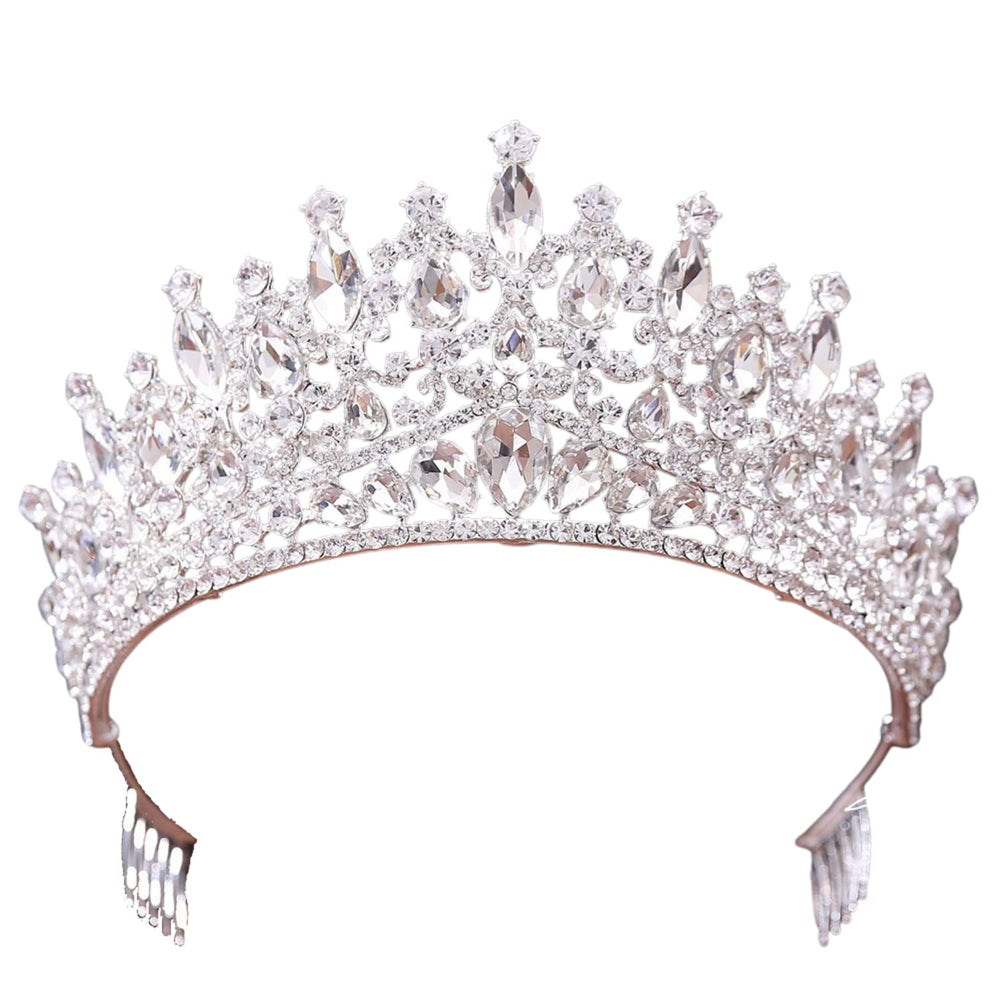 QIAIYALA tiara with silver rhinestones for wedding sparkle and elegance.