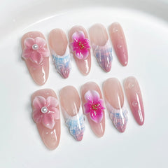 Qicaijia 3D floral nails in almond pink tip for elegant everyday wear