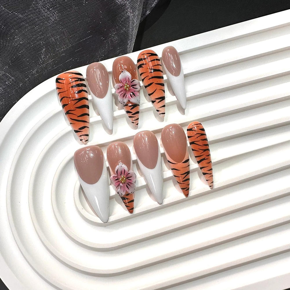 Qicaijia 3D flower acrylic nails with delicate texture and depth.