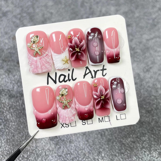 Qicaijia 3D flower shell starfish design nails for elegant looks