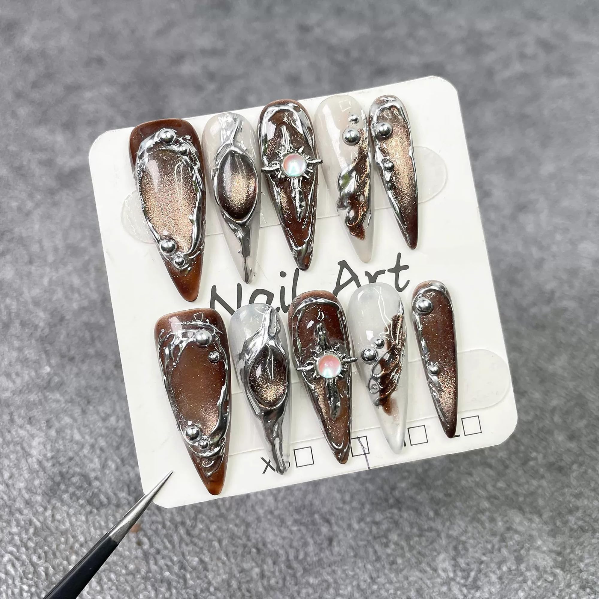 Qicaijia almond long press-on nails with glossy surface for quick manicures