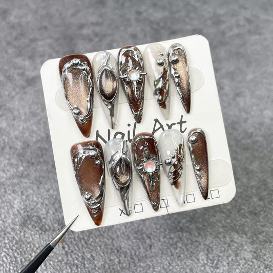 Qicaijia almond long press-on nails with glossy surface for quick manicures