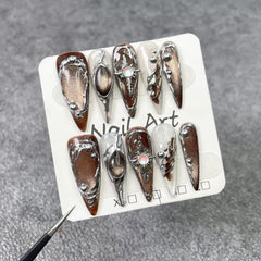 Qicaijia almond long press-on nails with glossy surface for quick manicures