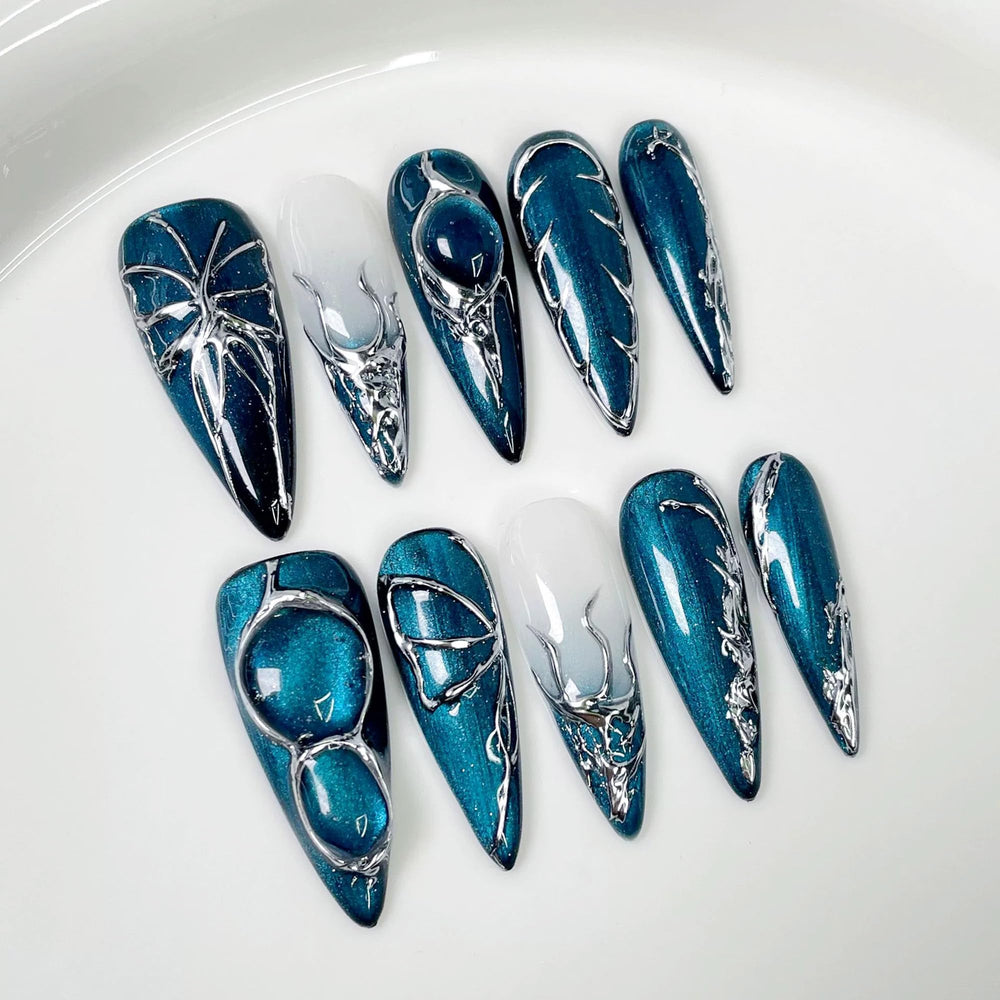 Qicaijia blue catseye almond nails for a chic daily look