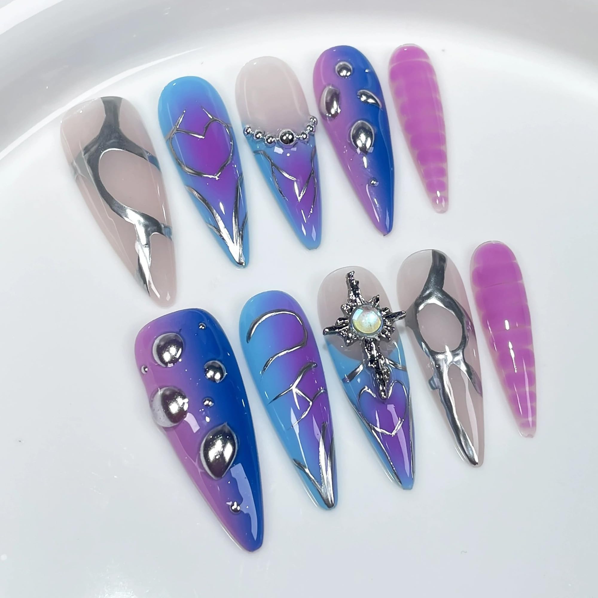 Qicaijia blue handmade almond press-on nails with ombre swirl for glossy chic nails