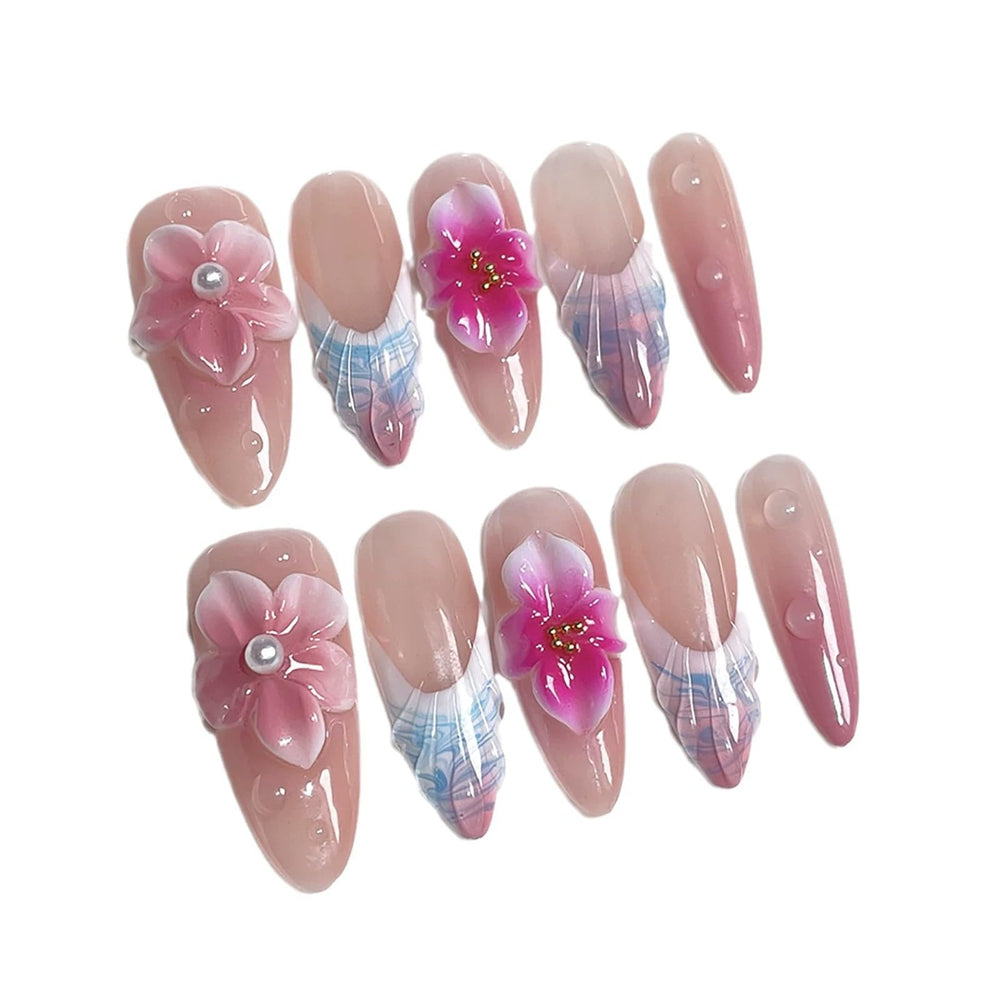 Glossy almond nails on the hand create a chic, statement manicure