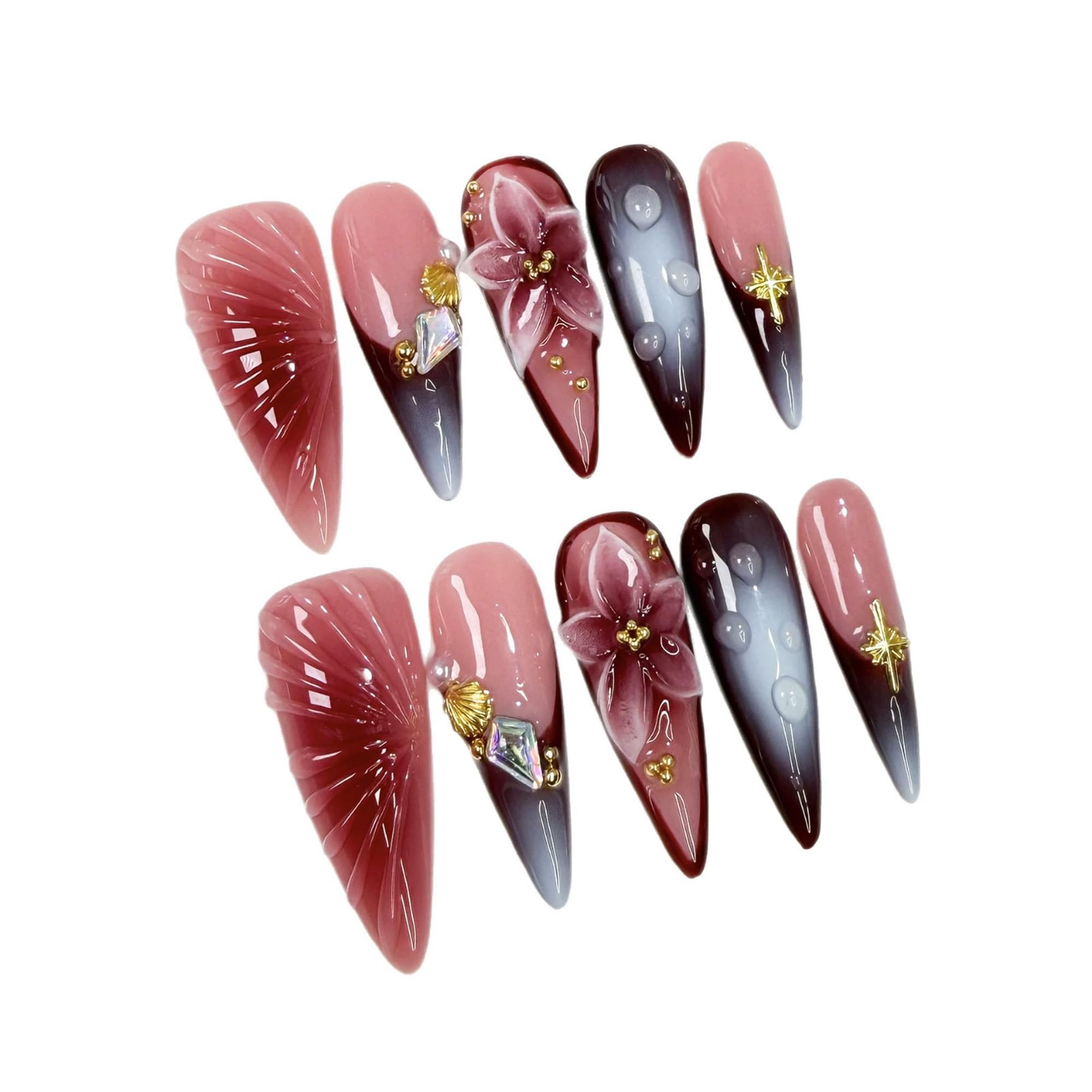 Qicaijia glossy almond nails with sparkles offer durable, easy at-home application.