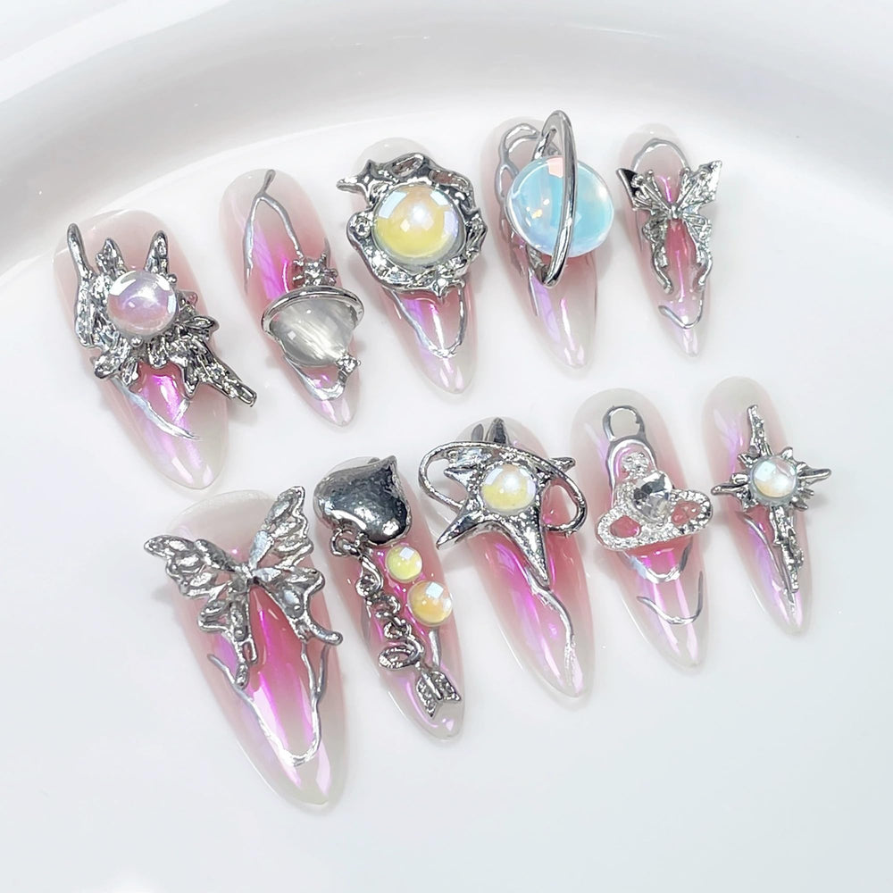 Qicaijia handmade nails in long almond design for an elegant home manicure