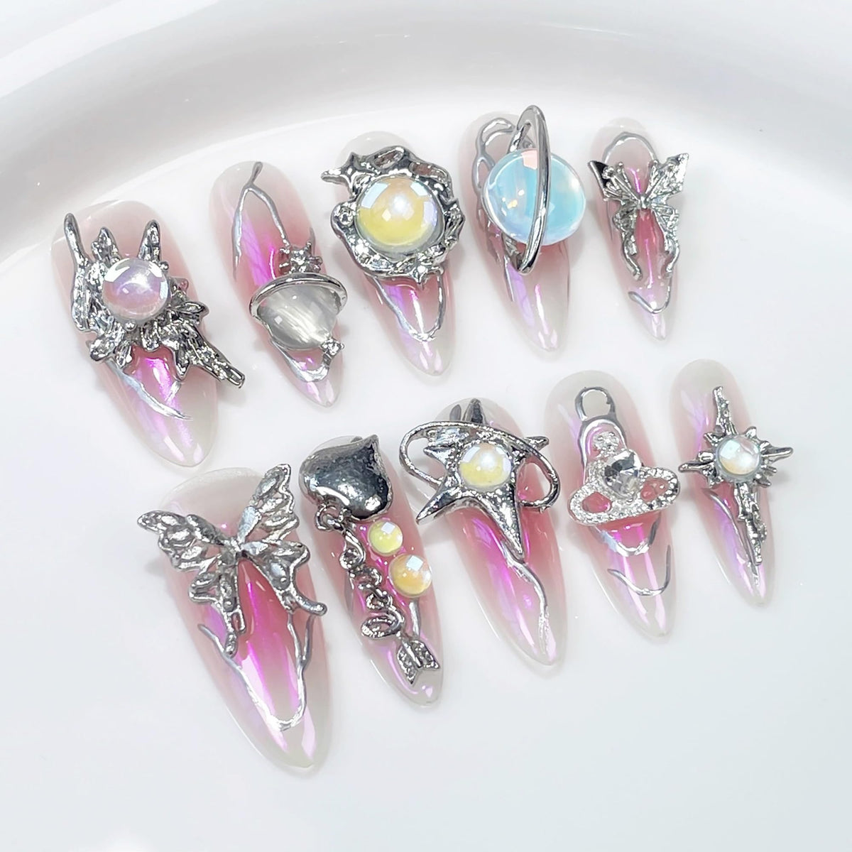 Qicaijia handmade nails in long almond design for an elegant home manicure