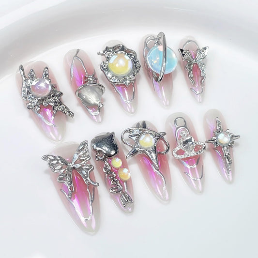 Qicaijia handmade nails in long almond design for an elegant home manicure