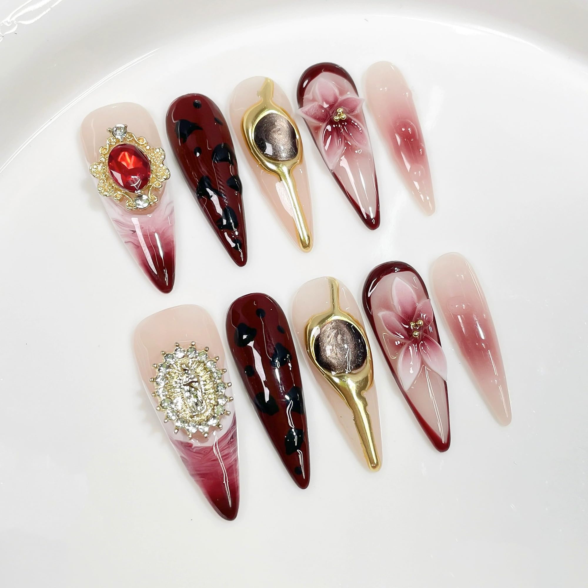 Qicaijia burgundy French tips nails for chic press-on manicure