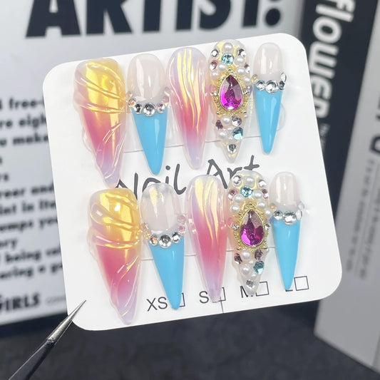 Qicaijia long almond acrylic nails with Y2K French tip for special occasions.
