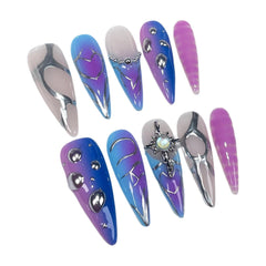 Qicaijia long almond nails with glossy blue finish ideal for events and daily wear