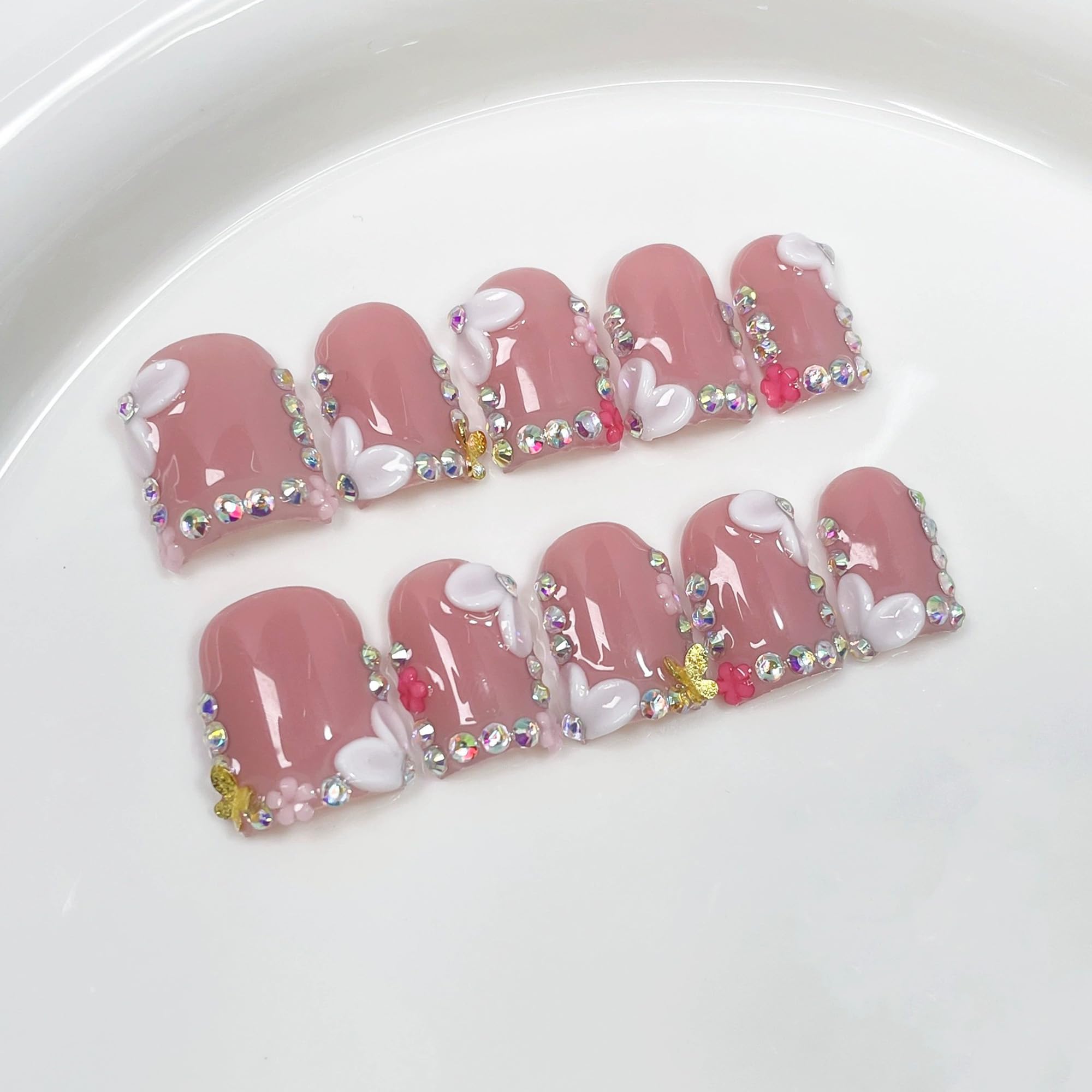 Qicaijia luxury handmade press-on nails with square shape and 3D floral design, elegant