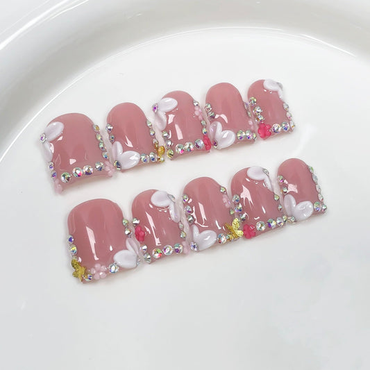 Qicaijia luxury handmade press-on nails with square shape and 3D floral design, elegant