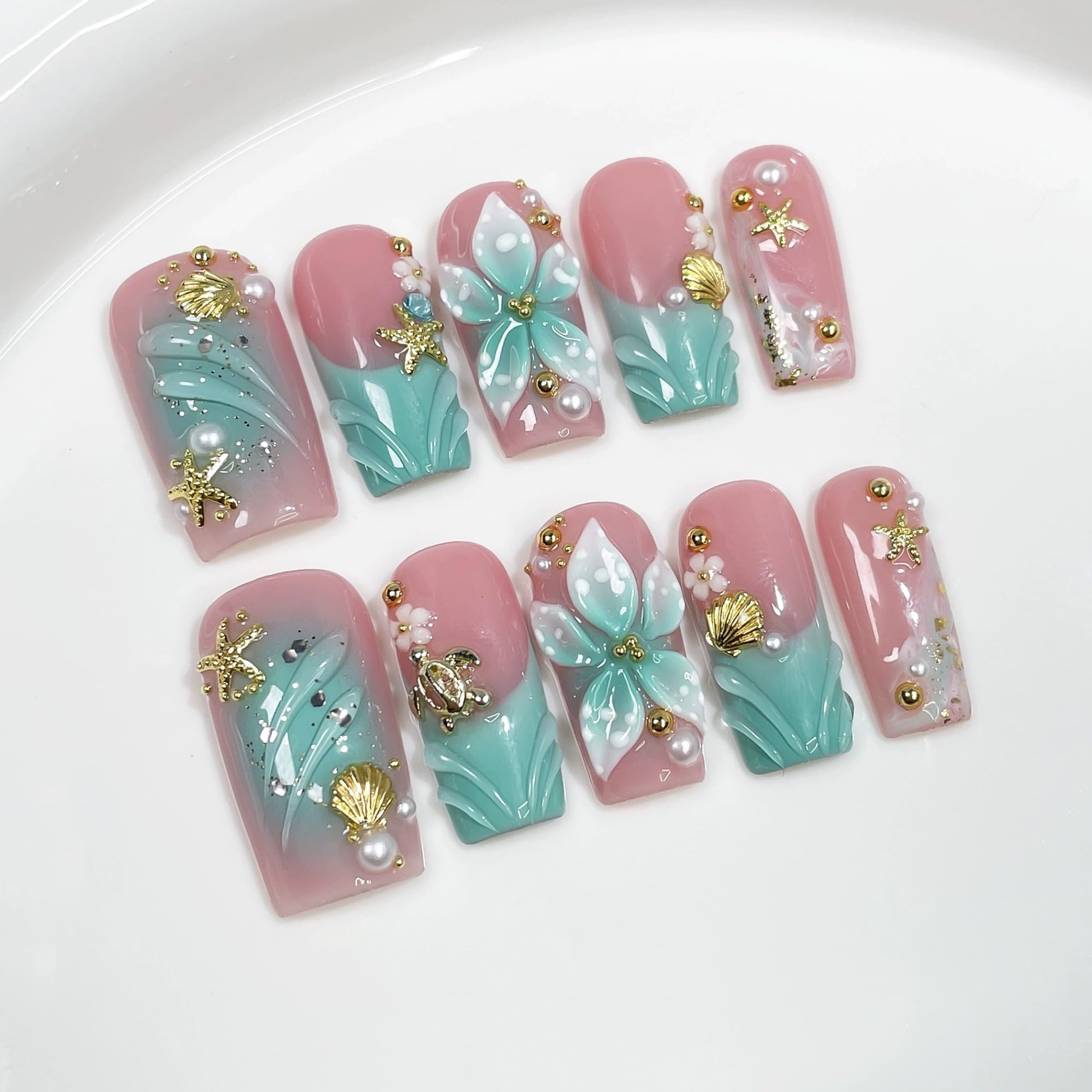 Qicaijia luxury press-on nails in blue French ombre for at-home manicure