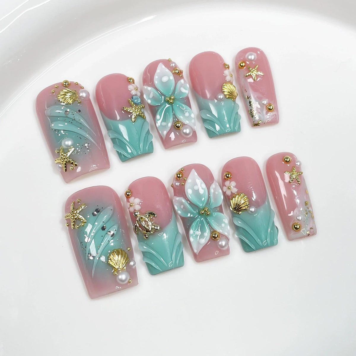 Qicaijia luxury press-on nails in blue French ombre for at-home manicure