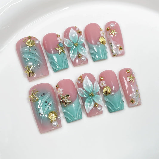 Qicaijia luxury press-on nails in blue French ombre for at-home manicure
