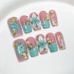 Qicaijia luxury press-on nails in blue French ombre for at-home manicure