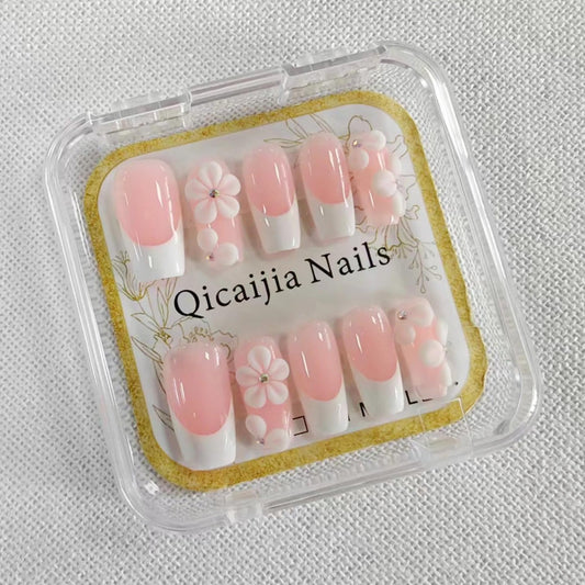 Qicaijia luxury press-on nails with rhinestone embellishments for glamorous, reusable wear