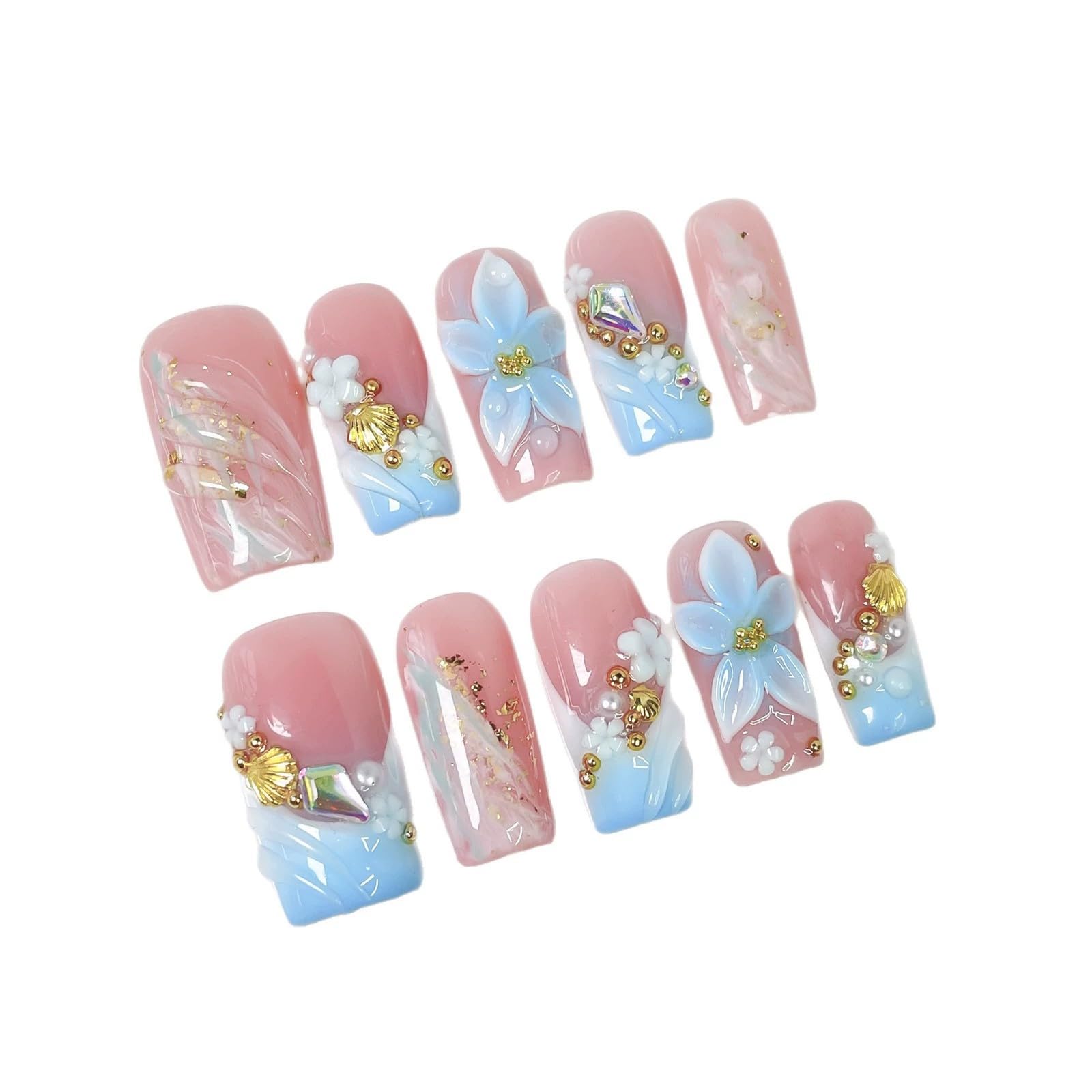 Qicaijia medium square nails close-up with rhinestones and shine.