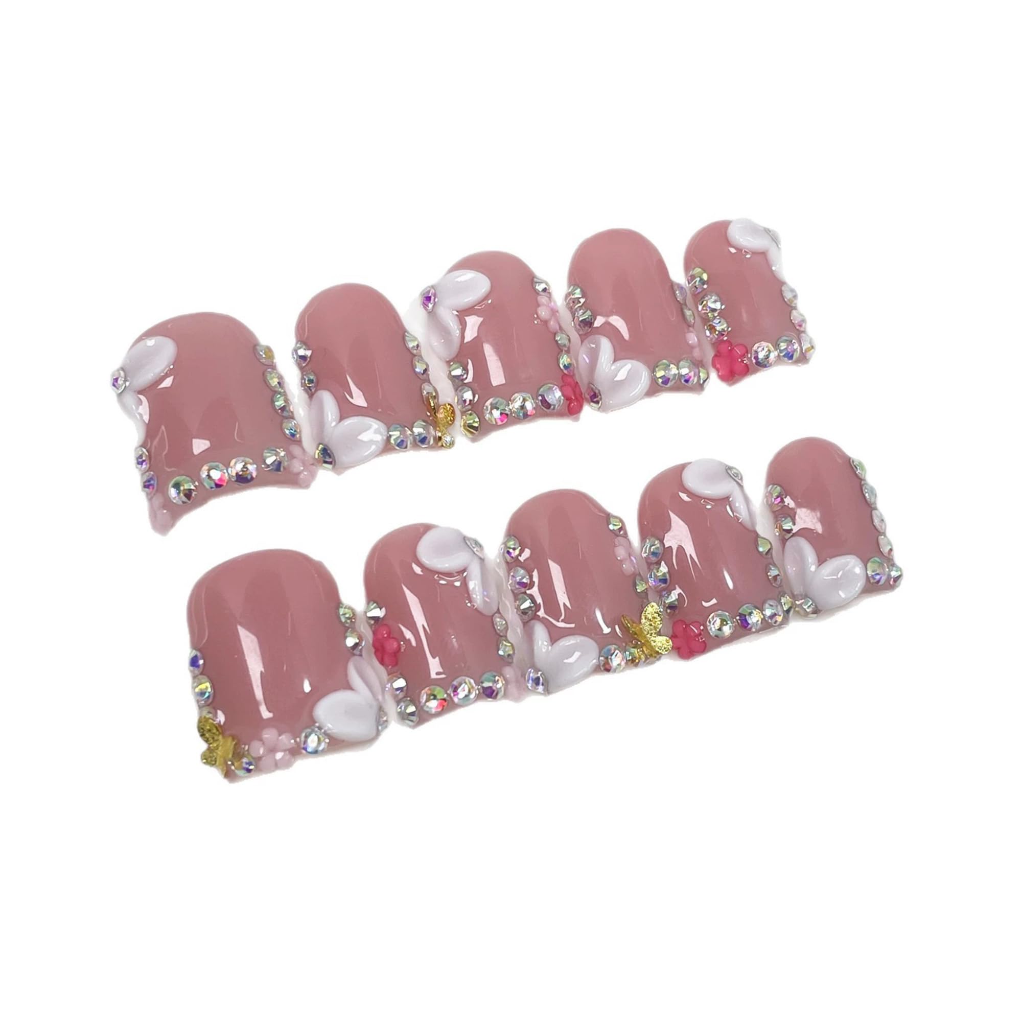 Qicaijia nude pink French tip nails with 3D cherry design for daily wear