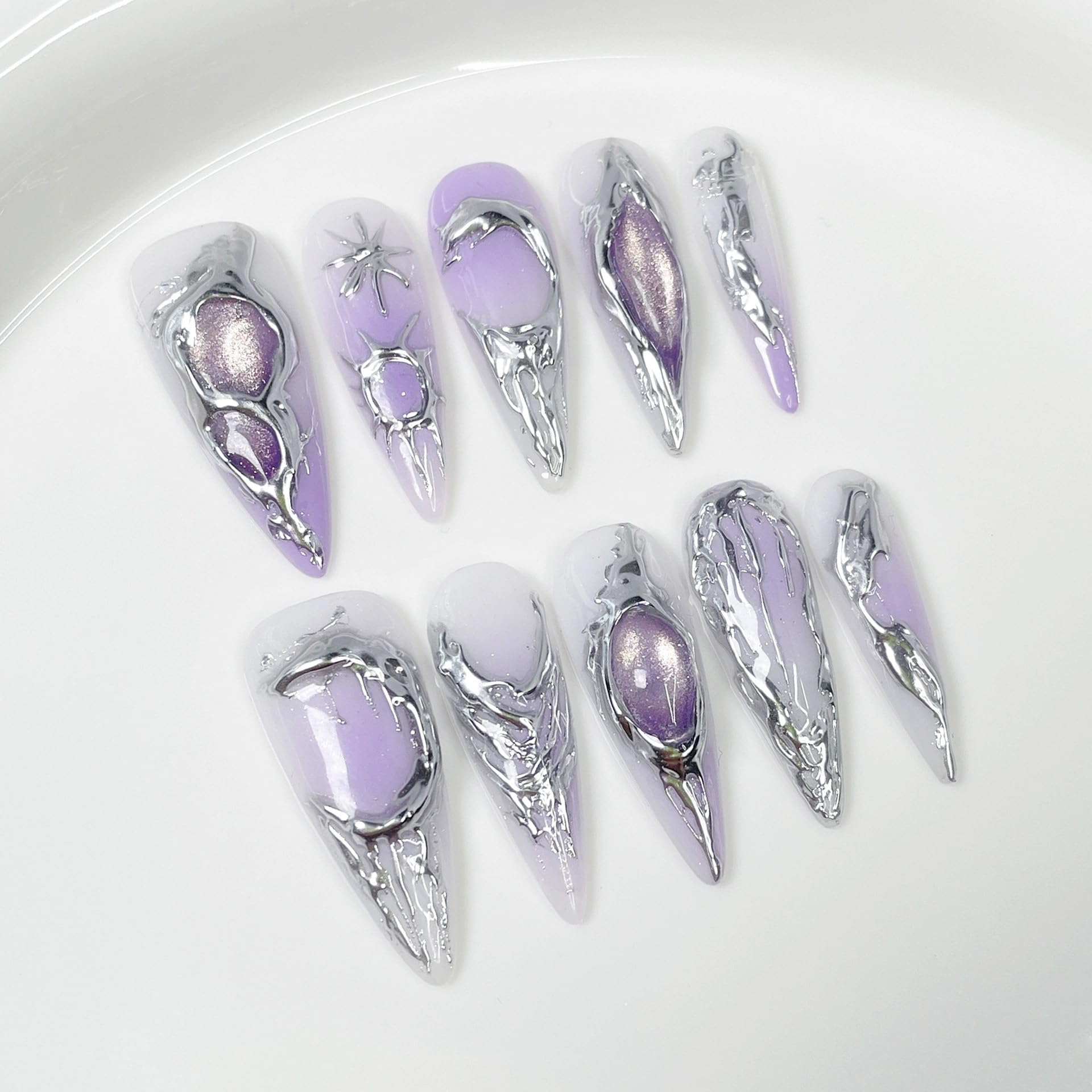 Qicaijia purple gradient almond press-on nails for a chic evening look