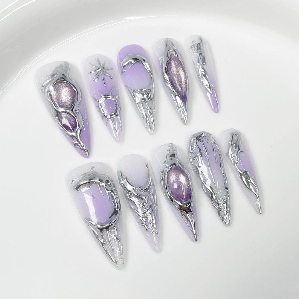Qicaijia purple gradient almond press-on nails for a chic evening look