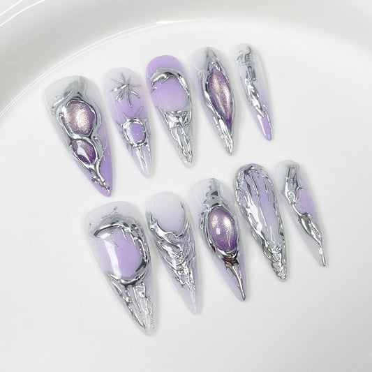 Qicaijia purple gradient almond press-on nails for a chic evening look