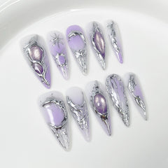 Qicaijia purple gradient almond press-on nails for a chic evening look