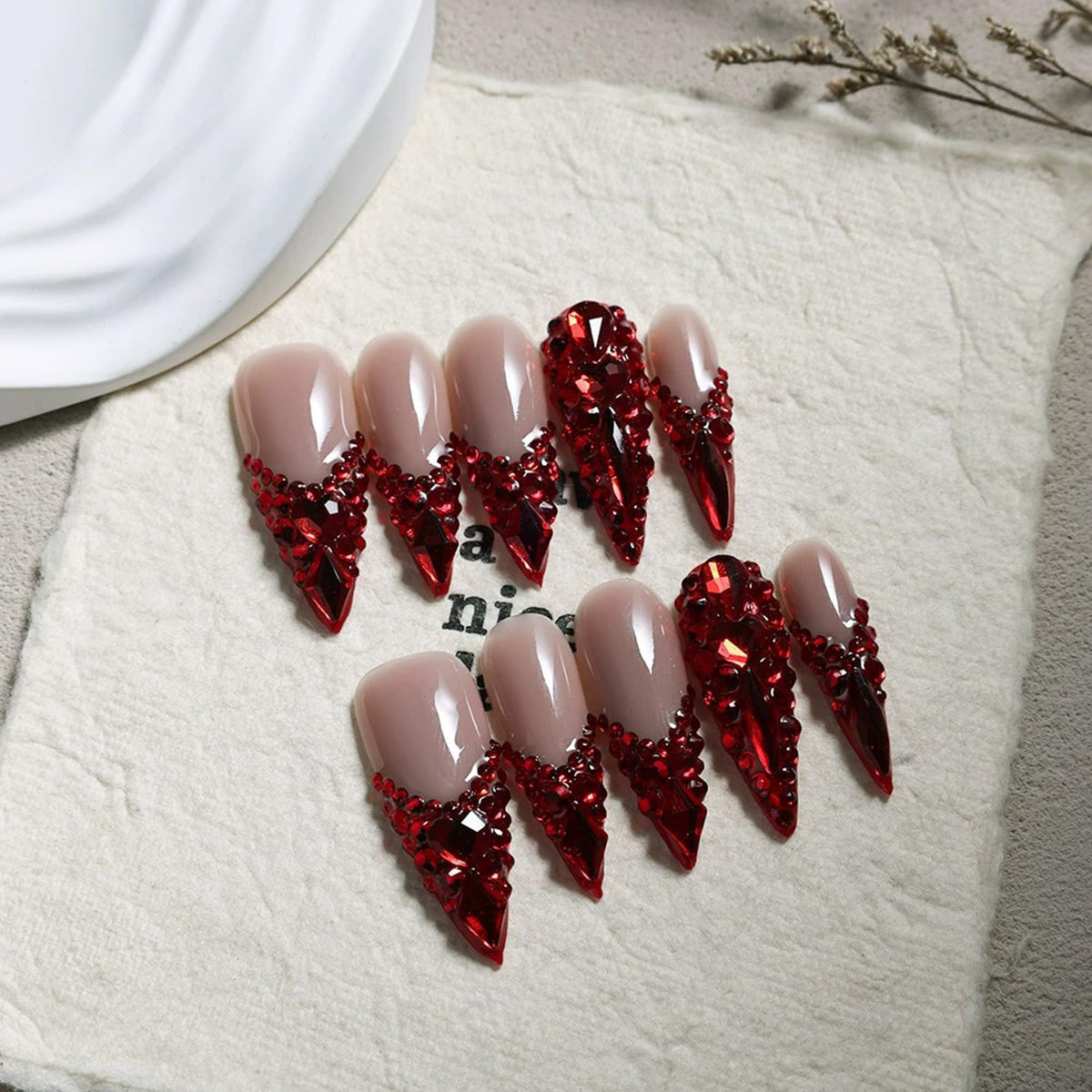 Qicaijia red rhinestone French tip almond nails with glossy finish for formal events