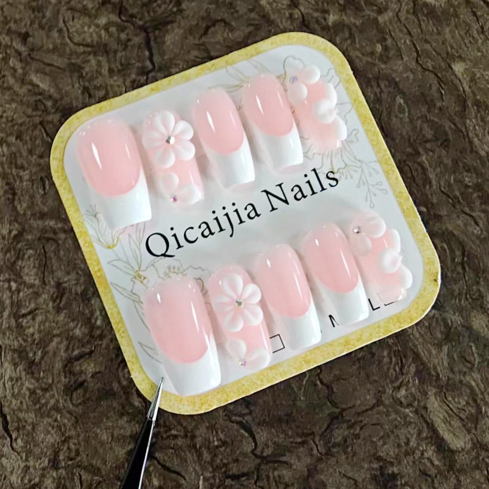 Qicaijia white French tip full-cover nails for a clean, professional manicure