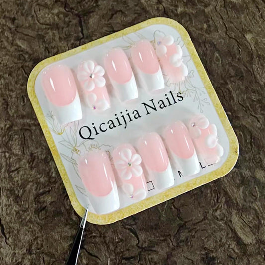 Qicaijia white French tip full-cover nails for a clean, professional manicure