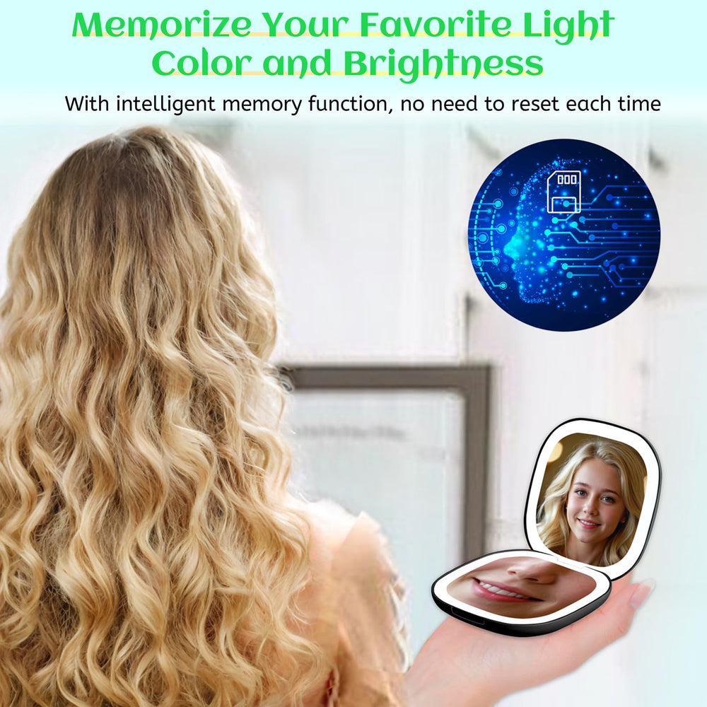 Qidoe compact travel makeup mirror with brightness control for versatile lighting.