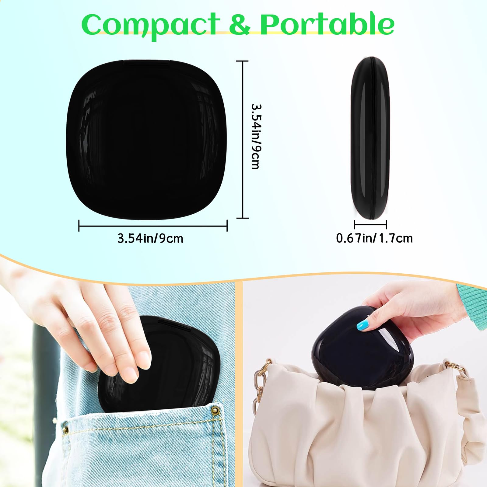 Qidoe compact travel makeup mirror pocket-friendly fits in purse or bag.