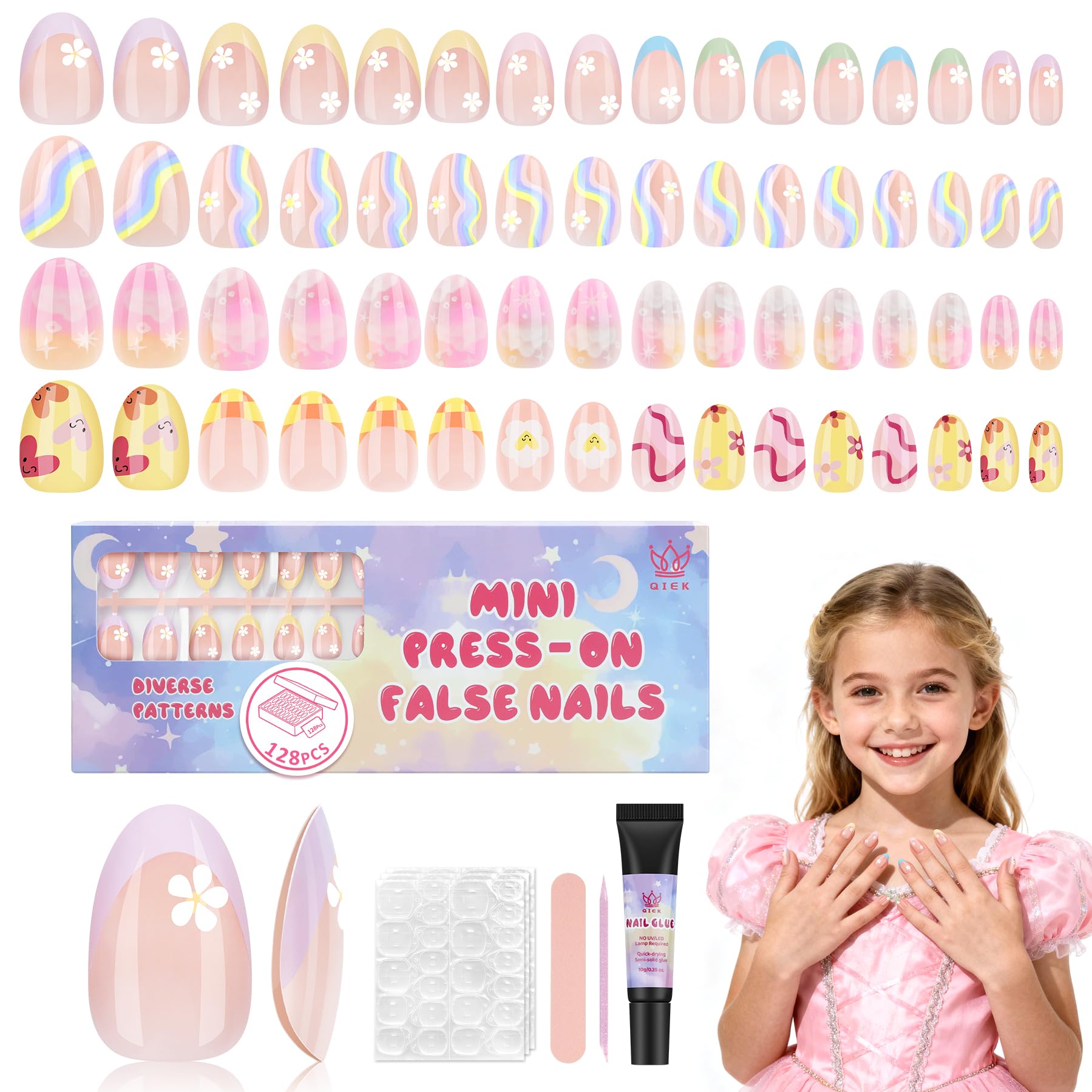QIEK Kids press-on floral almond nails close-up for easy wear and kid-friendly design.