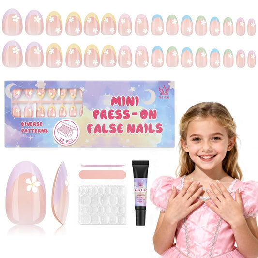 Qiek kids press-on nails with colorful flower design for easy at-home styling.
