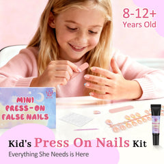 QIEK Kids press-on nails flower almond closeup showing pre-etched edges for quick fit.