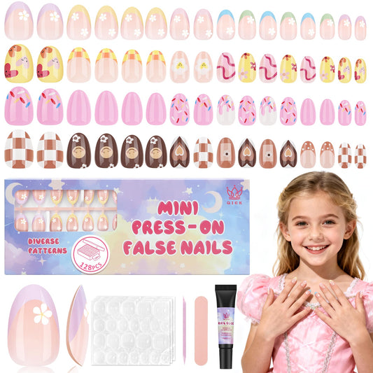 QIEK Kids press-on nails with flower almond design, front view for a chic tween manicure.